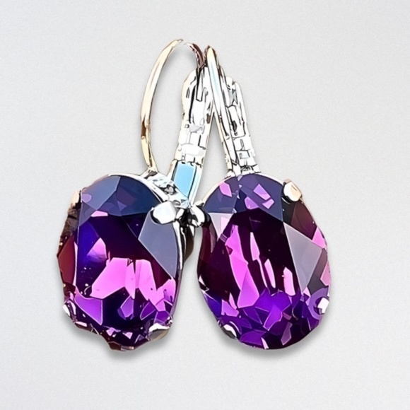Handcrafted Amethyst Swarovski Earrings Crystal Oval Cut Rhodium Purple OS NWT - Picture 1 of 4